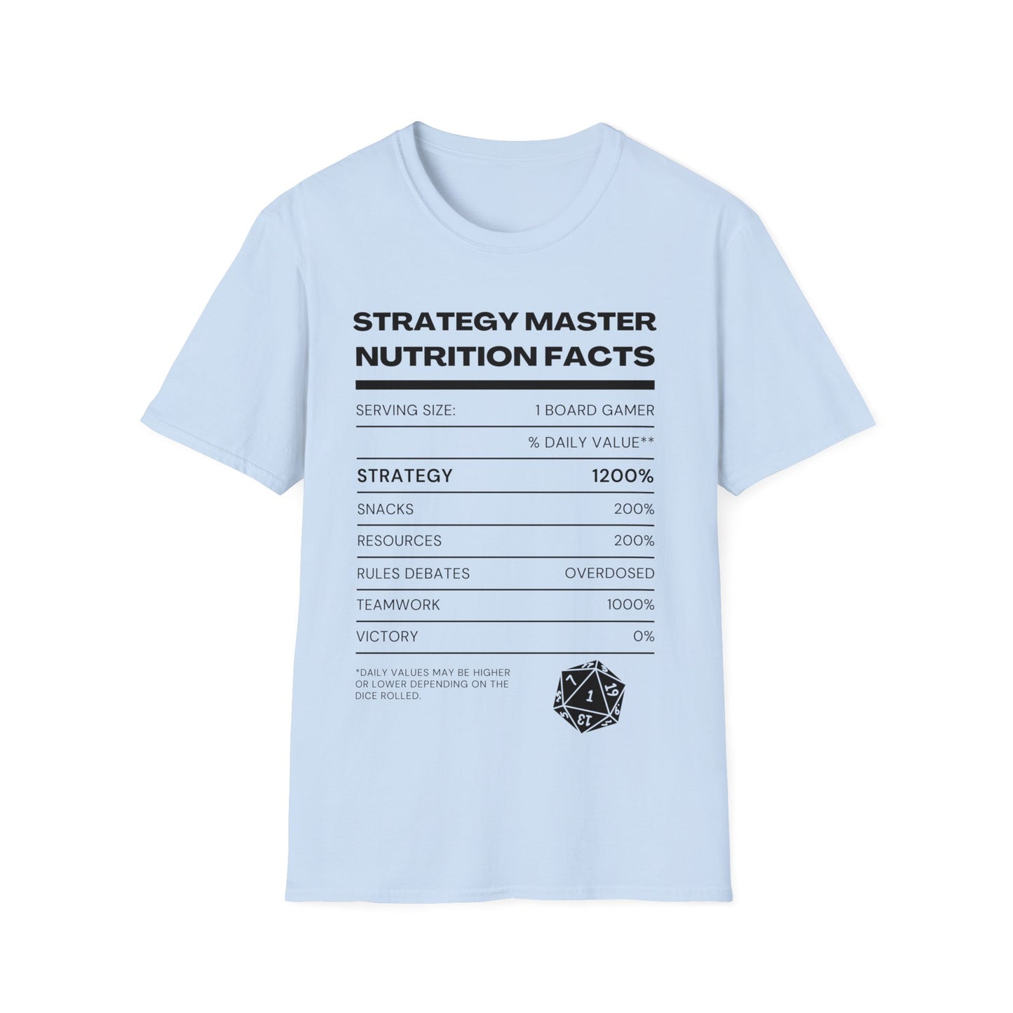 Strategy Master Nutrition Facts | Dice and Thread | Nutrition Facts T-Shirt