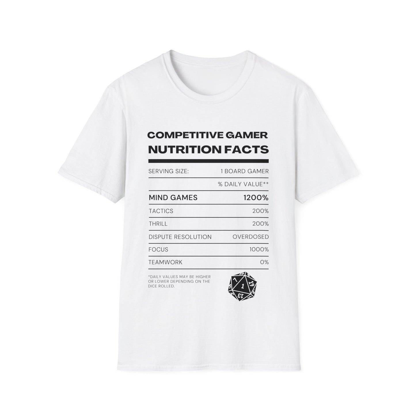 Competitive Gamer Nutrition Facts | Dice and Thread | Nutrition Facts T-Shirt