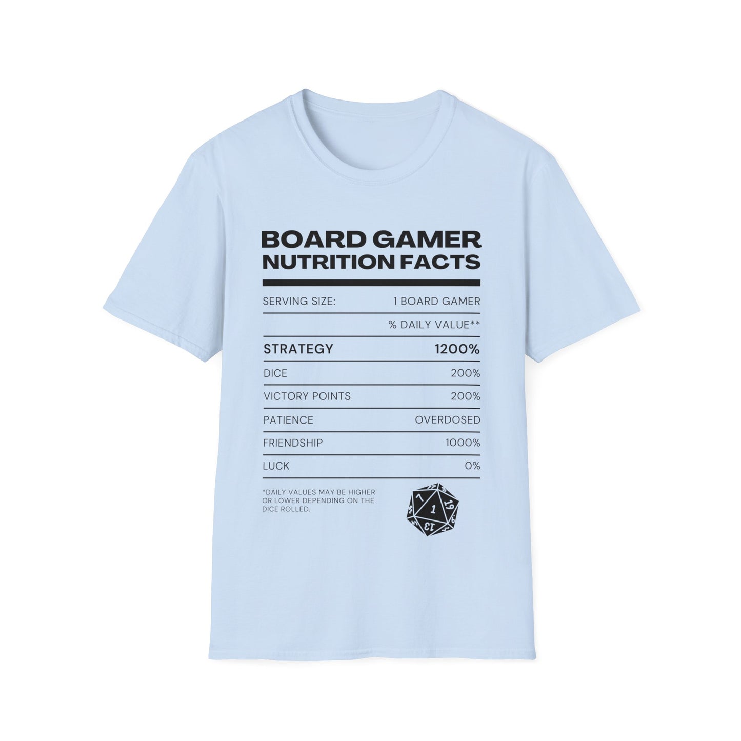 Board Gamer Nutrition Facts | Dice and Thread | Nutrition Facts T-Shirt