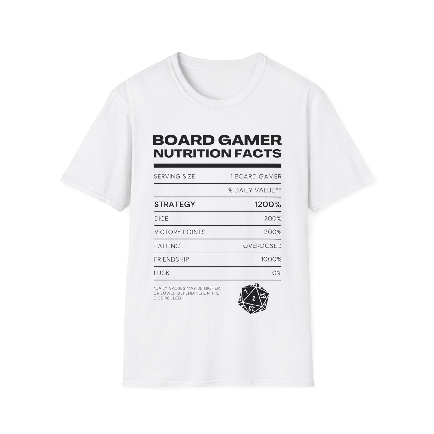 Board Gamer Nutrition Facts | Dice and Thread | Nutrition Facts T-Shirt