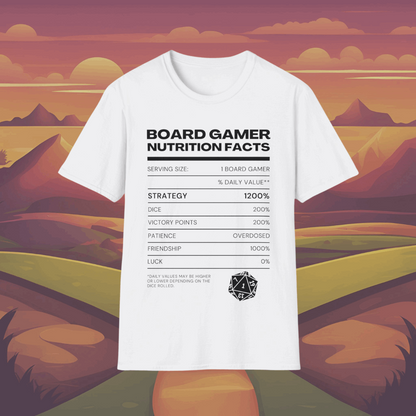 Board Gamer Nutrition Facts | Dice and Thread | Nutrition Facts T-Shirt